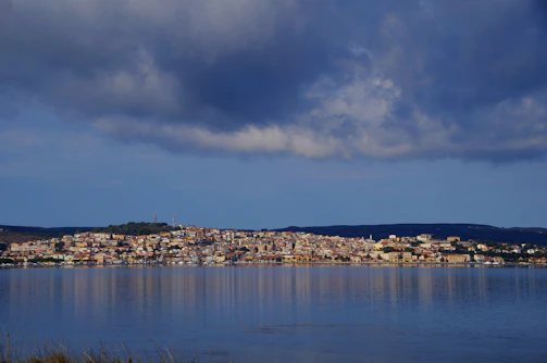 A panoramic view of a coastal town with colorful buildings and the sea in the background