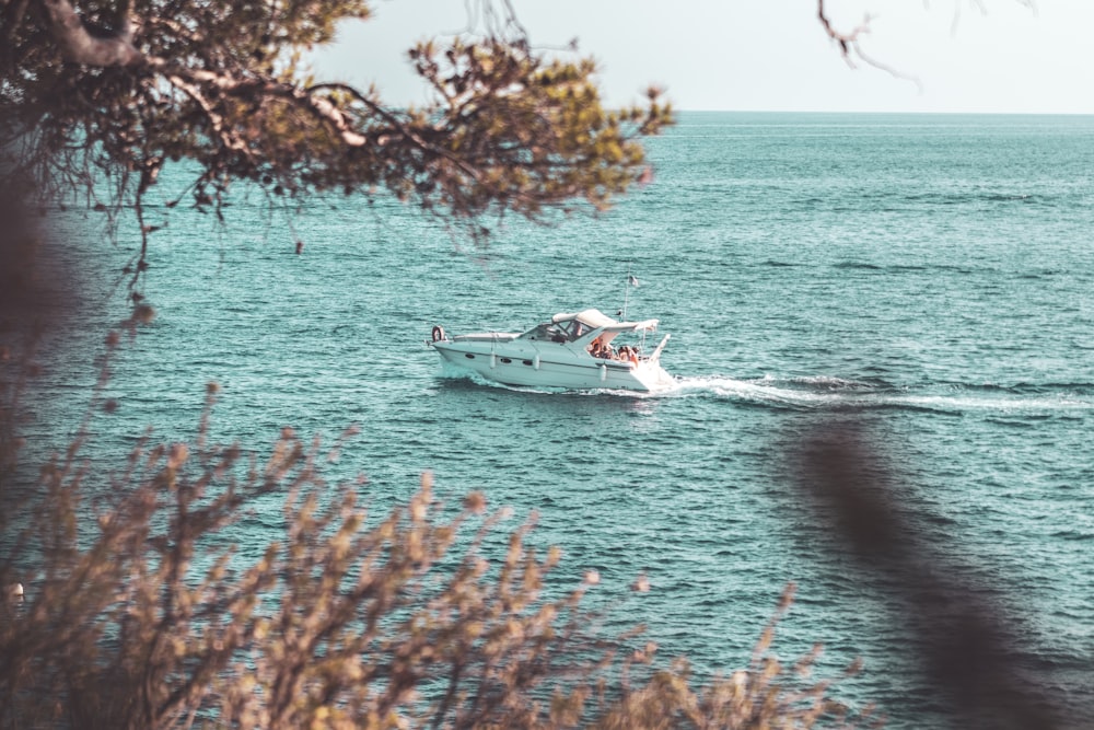 Barco a motor blanco navegando en el cuerpo de agua durante el día