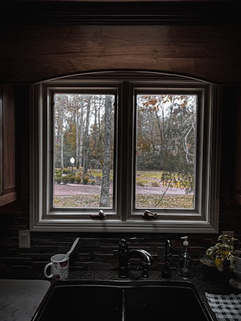 A kitchen sink with a black countertop is positioned below a double window. Outside the window, there is a view of a garden with trees and foliage displaying autumn colors. Inside, a coffee mug with a spoon, a soap dispenser, and a small plant are on the countertop.