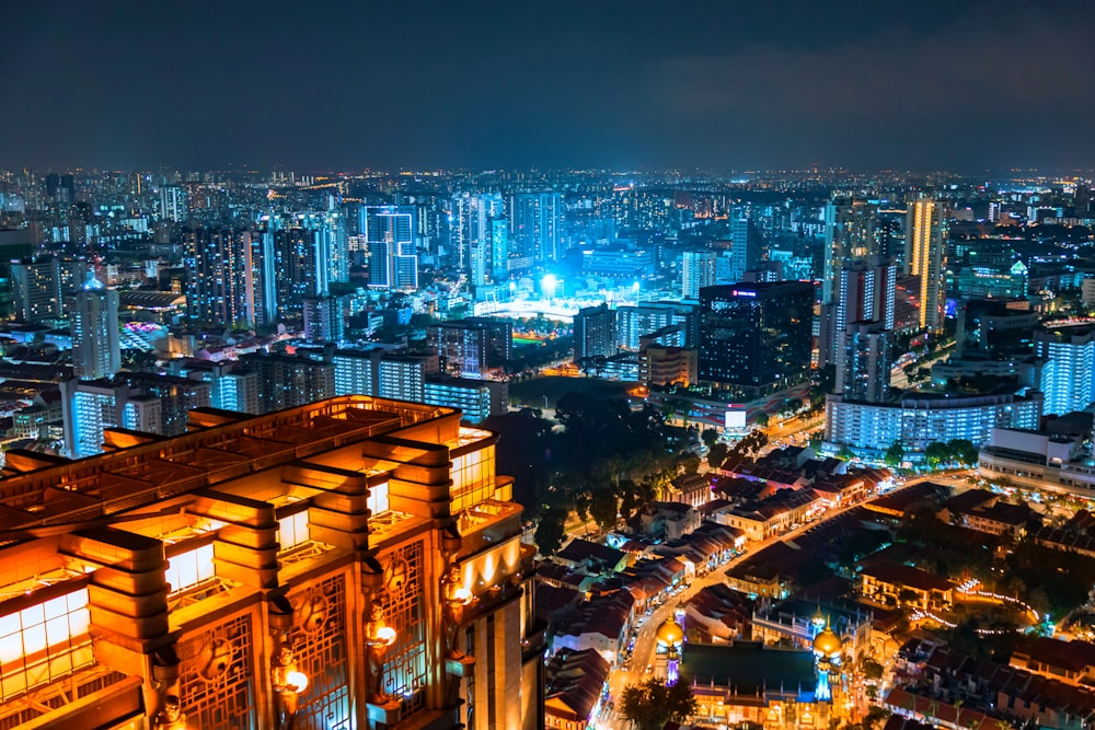 lighted buildings at night