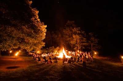 people sitting around bonfire