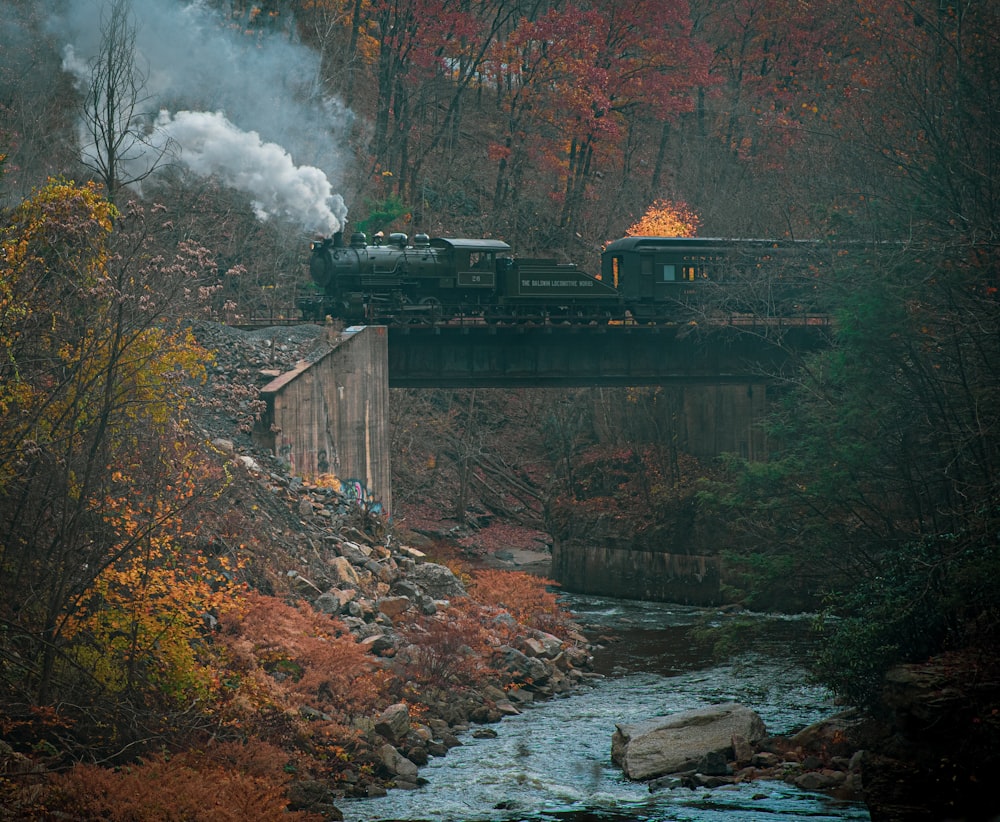 black train running on the bridge photograph