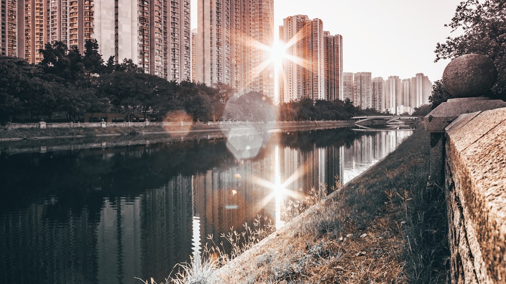 sun rays coming through city with high-rise buildings viewing body of water during daytime