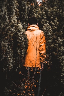 man in orange jacket near trees