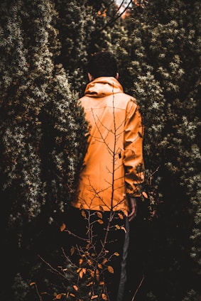 man in orange jacket near trees