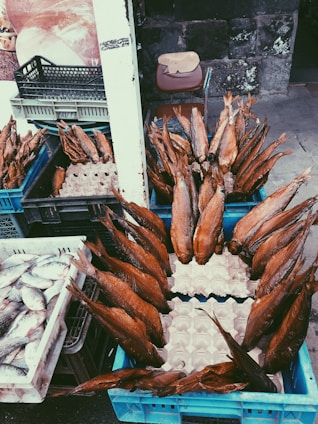 Numerous smoked fish are arranged in blue crates, displayed at an outdoor market, with additional crates containing fresh fish nearby. A weathered stone wall is in the background alongside a chair with a wooden board resting on it.