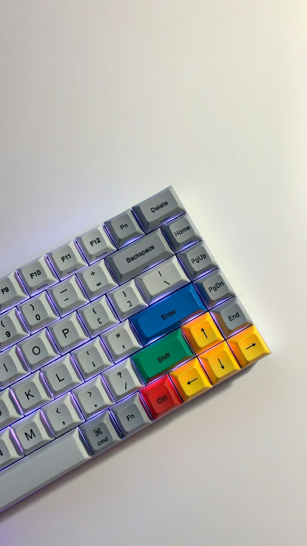 white, gray, blue, and yellow computer keyboard