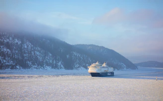 A majestic cruise ship gliding through icy Alaskan fjords surrounded by snow-capped mountains.