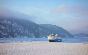 A large cruise ship navigates through icy waters surrounded by snow-covered mountains and a misty sky. The vast, tranquil scene captures the serene beauty of a winter landscape.