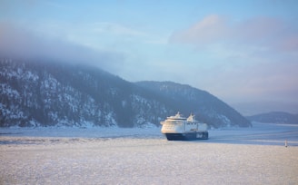 A large cruise ship navigates through icy waters surrounded by snow-covered mountains and a misty sky. The vast, tranquil scene captures the serene beauty of a winter landscape.