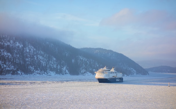 A majestic cruise ship gliding past icy blue glaciers under clear skies.