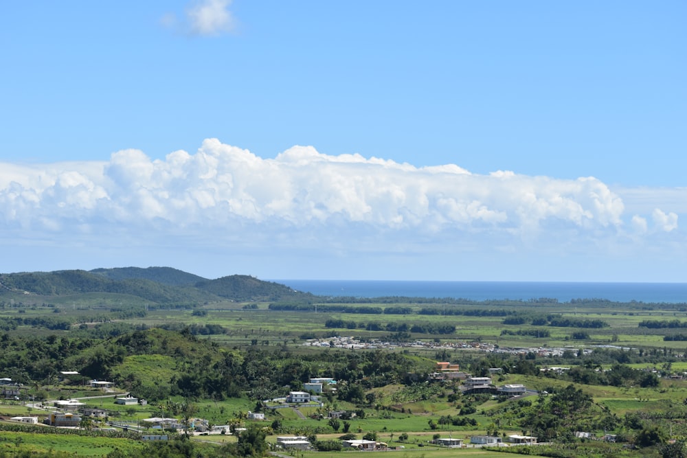 green trees near mountains under white clouds and blue sky