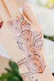 A hand adorned with intricate henna designs featuring floral patterns and swirls. The artwork is detailed and appears freshly applied. Subtle shadows and highlights accentuate the patterns, with a soft focus on the background, suggesting a setting with flowers.