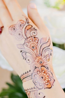 A hand adorned with intricate henna designs featuring floral patterns and swirls. The artwork is detailed and appears freshly applied. Subtle shadows and highlights accentuate the patterns, with a soft focus on the background, suggesting a setting with flowers.