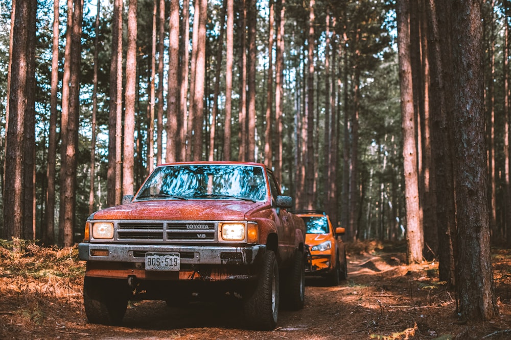 red car parked beside tree