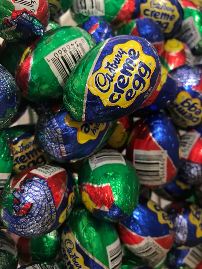 Cadbury creme egg piled together