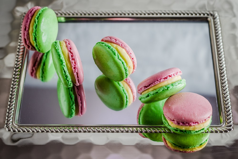 macaroons on grey tray