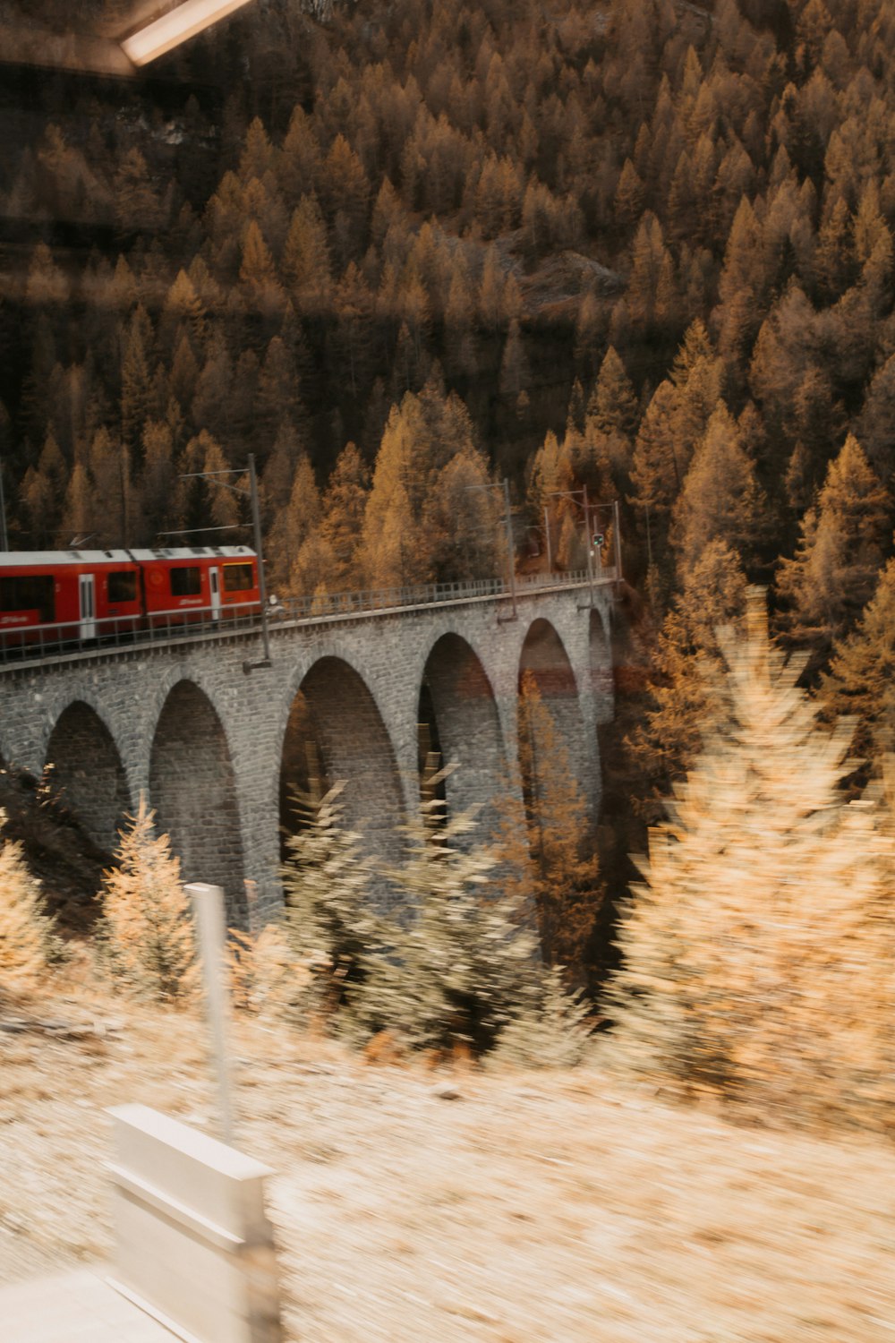 red train on gray stone bridge