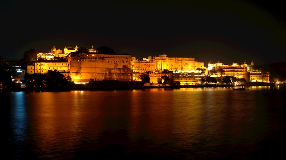 lighted building at night