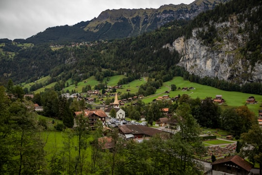 moutnain slope with city scenery in Staubbach Waterfall Switzerland