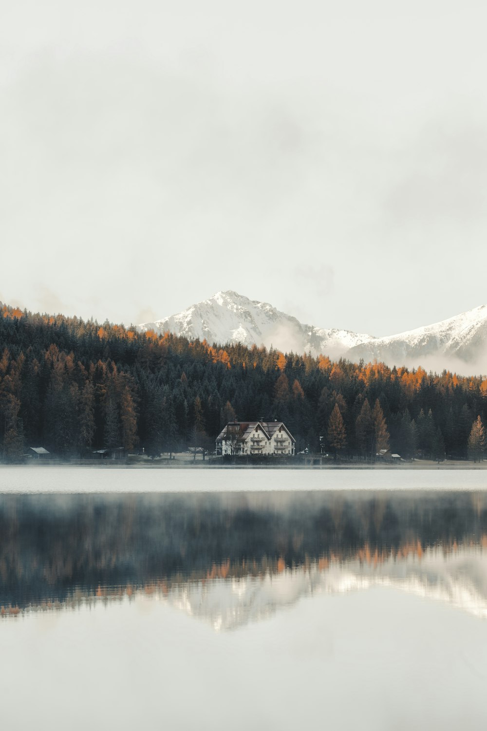 湖の近くの白と茶色の家