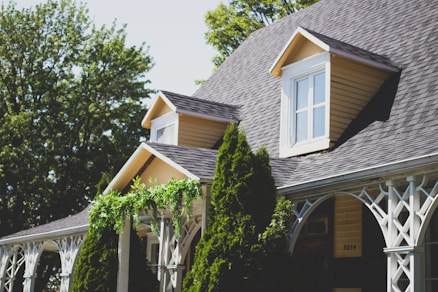 Yellow house with trees in front 