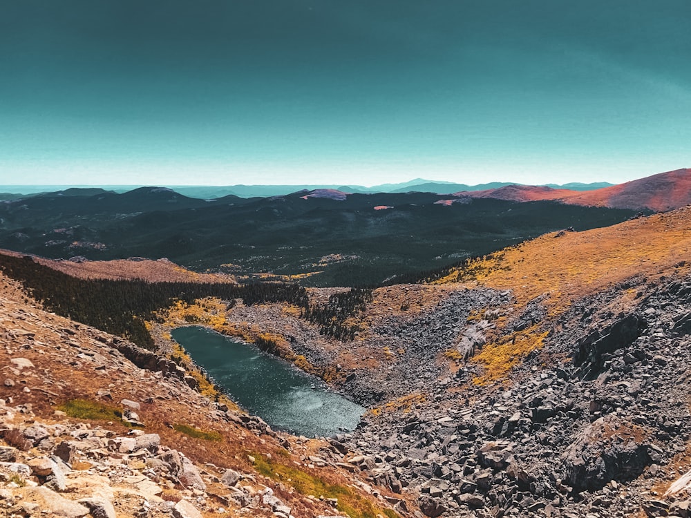 aerial photography of lake viewing mountain under blue and white sky during daytime