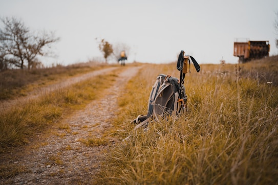 A hiking backpack and trekking poles rest on a grassy path in an open, natural setting. The background features a blurred trail, scattered trees, and an overcast sky.