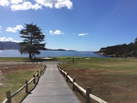 A panoramic view of a coastal golf course with waves crashing nearby.