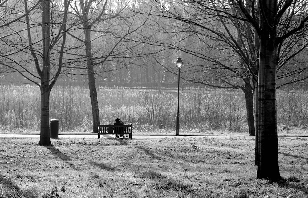 grayscale photography of person sitting on bench
