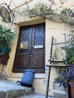 An old wooden door is surrounded by climbing plants and greenery. A sign with contact information is visible near the door. A blue backpack rests on the stone steps leading up to the door. A ladder with potted plants stands beside the entrance.