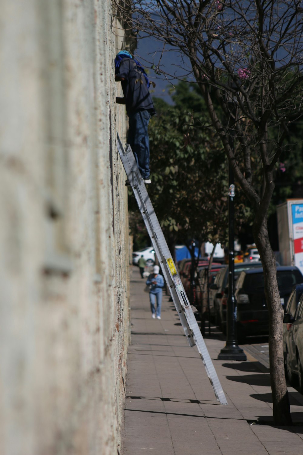 person on gray metal ladder