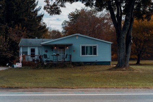 blue house beside tree