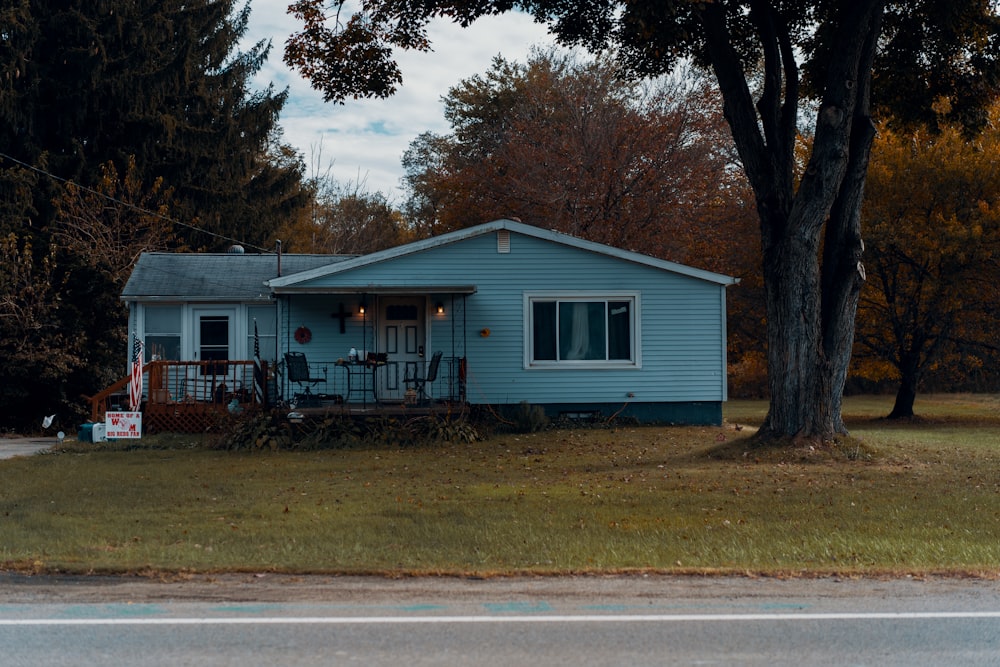 blue house beside tree