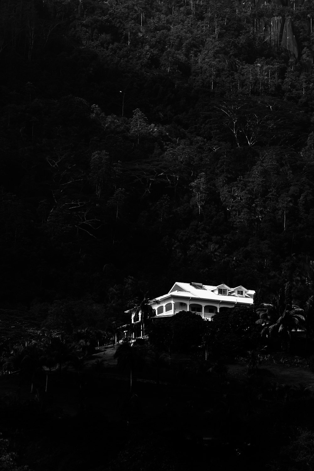 a white house sitting on top of a lush green hillside