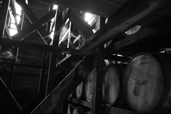 A rustic warehouse with sacks of grains stacked neatly, sunlight filtering through wooden beams.