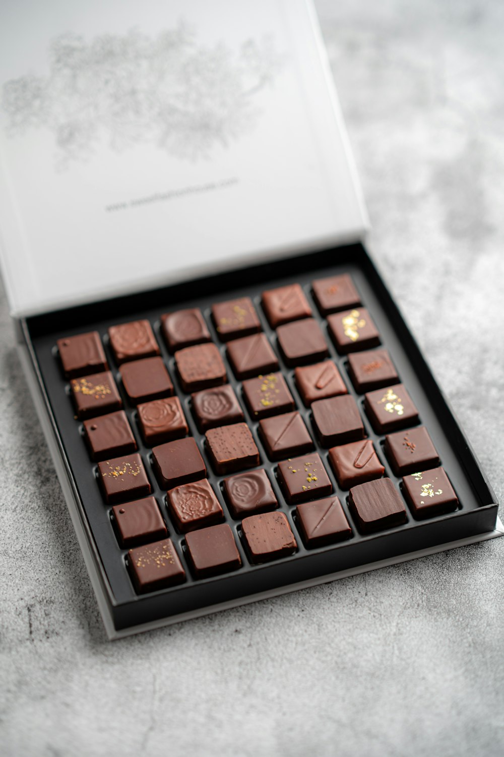 chocolate on black and white box