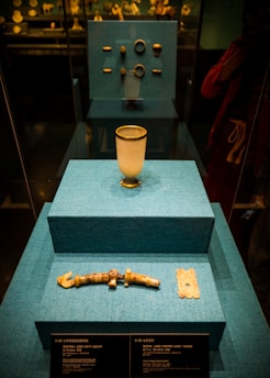 A display case features ancient artifacts arranged on three blue-tiered platforms. The closest platform holds a jade-colored artifact resembling a bracelet and a square-shaped object with intricate designs. The middle platform displays a white cup with gold accents. The background showcases additional artifacts, including rings, in a museum setting.