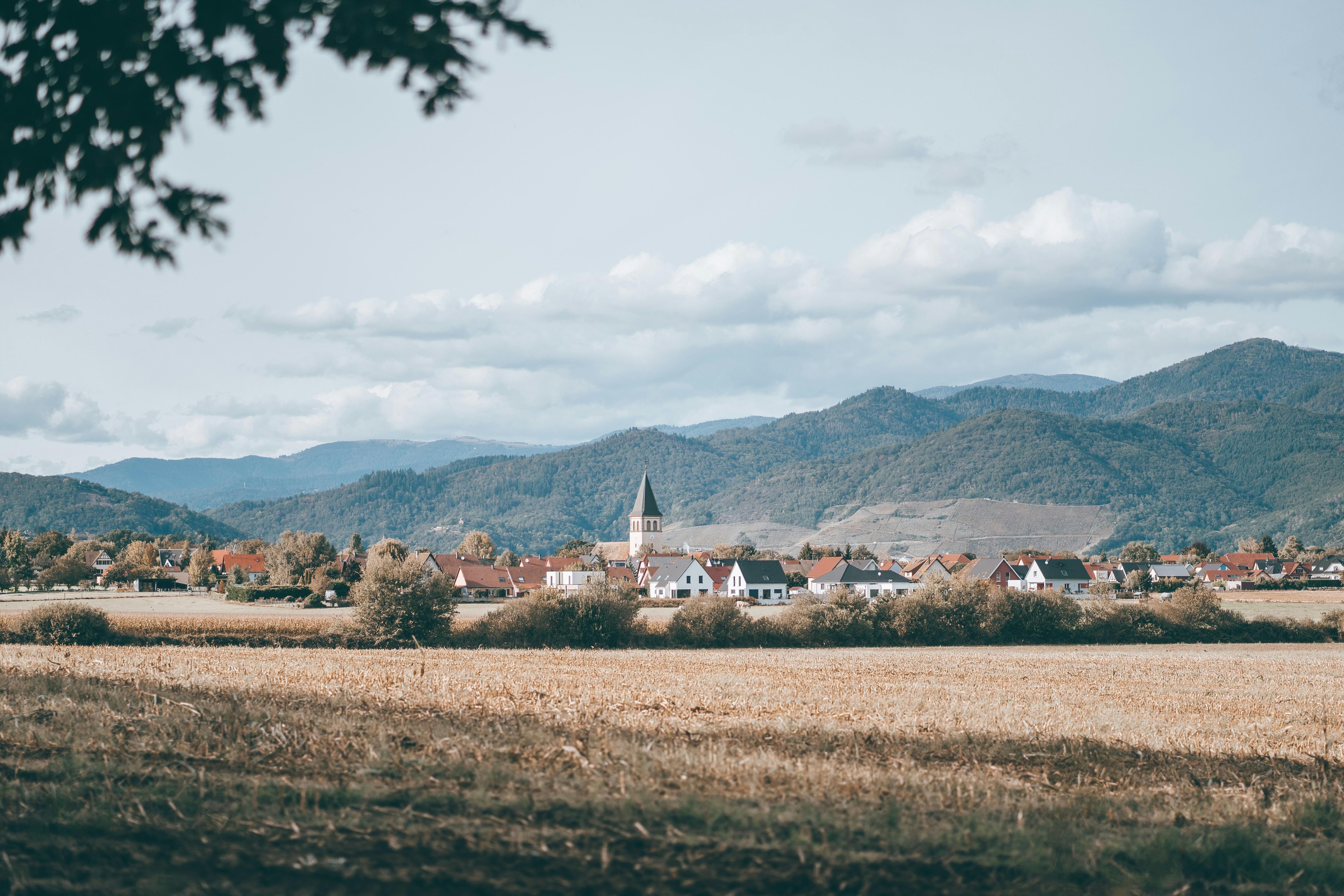 landscape photography of mountain, French village and its church belltower in Alsace, between fields and mountains