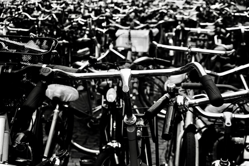 grayscale photo of bikes