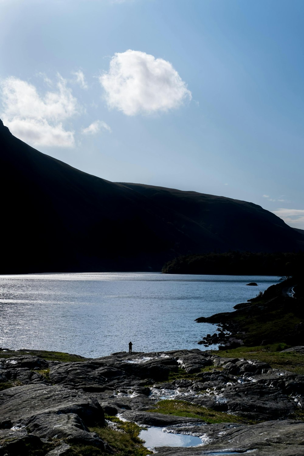 man by a pond and a mountain