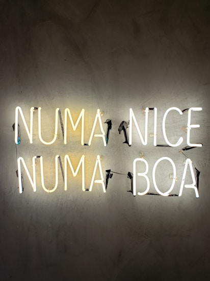 Neon lights display the words NUMA and NICE on the top row and NUMA and BOA on the bottom row against a textured dark wall.