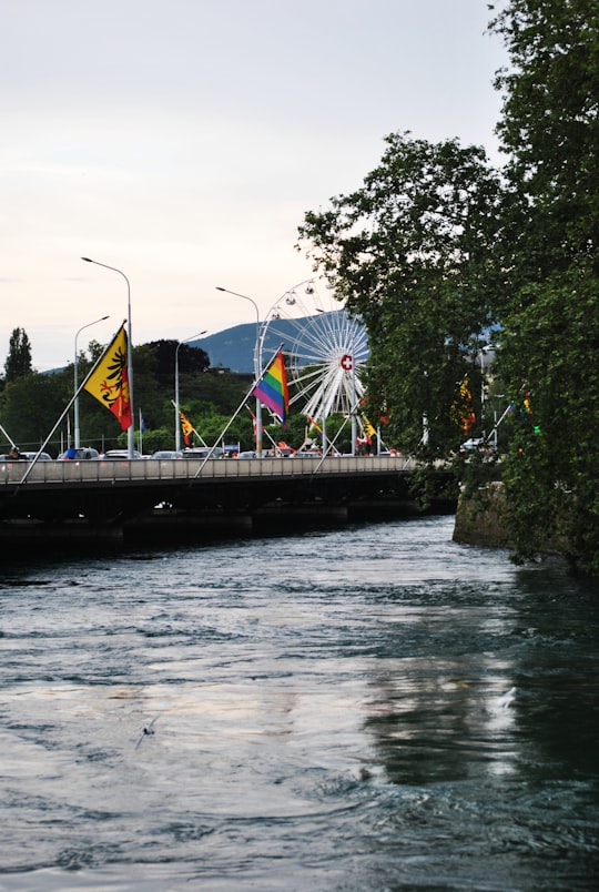 bridge with flags under white sky in Geneva Switzerland
