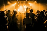 A crowded concert scene with silhouettes of people enjoying live music. The dimly lit setting is enhanced by warm yellow lighting that creates a vibrant atmosphere. Some individuals carry musical instruments like a trombone and a drum, indicating live performance involvement.