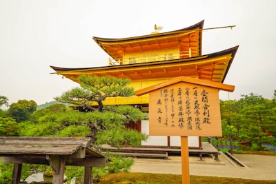 Golden sunlight reflecting off the Kinkaku-ji temple roof surrounded by lush greenery.