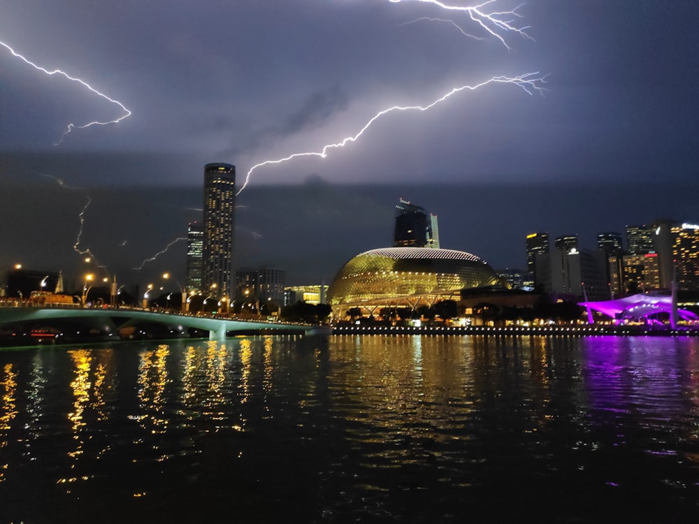 lightning above city skyline at night