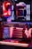 An internal view of a computer showing components like a graphics card, cooling system, and LED lighting. The setup features vibrant red and blue LED lights and a structured, high-tech arrangement with clearly visible branding on the components.