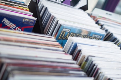 Rows of vinyl records are tightly packed in a display rack, each encased in protective sleeves. The covers feature various colorful and artistic designs indicating diverse music genres.