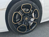 Close-up of glossy black wheel with gold brake calipers shining.