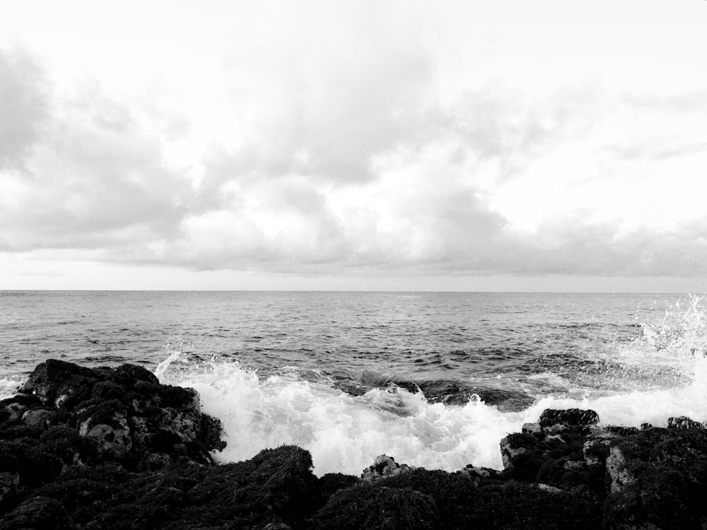 greyscale photo of body of water